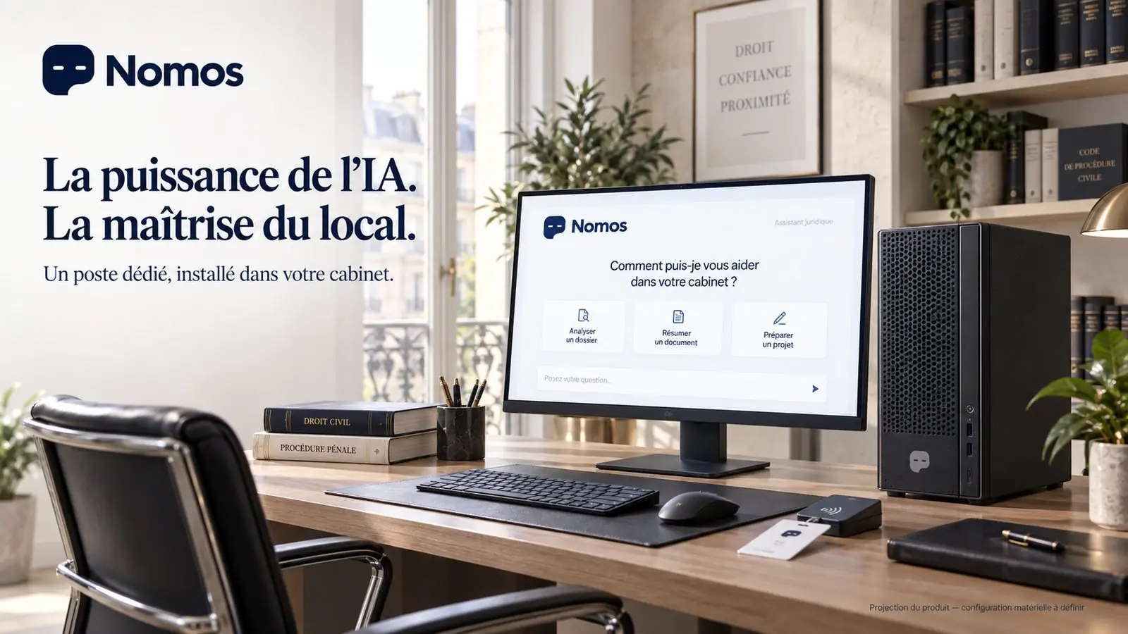 Tour Nomos à côté de l'écran de l'assistant, dans un bureau.